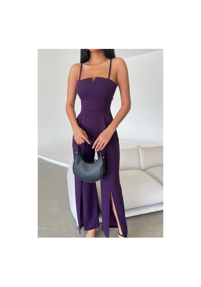 DefyModa Kadın Krep Kumaş Yırtmaçlı Askılı Tulum Mor