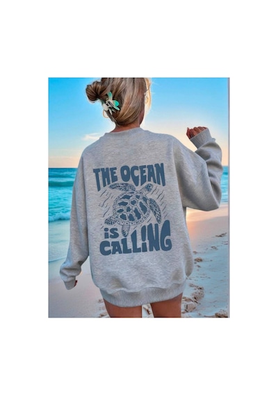 Herkesemoda The Ocean Arka Baskılı Gri 2 İplik Şardonlu Bisiklet Yaka Sweatshirt Gri