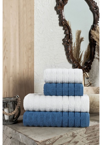 Veramoni Fluffy 4'lü Banyo Havlu Seti - İndigo-krem