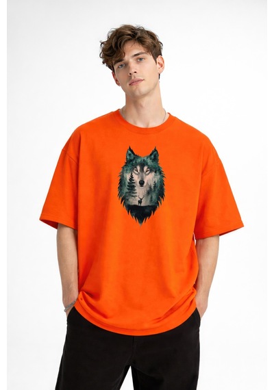 Misa Tahtakale Wolf - Oversize Erkek Tişört Turuncu Çok Renkli
