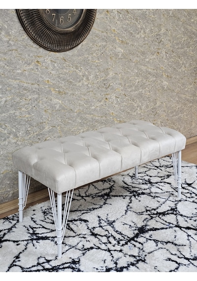 Zafir Beyaz Boyalı Tel Ayaklı 90 Cm Puf Bench - Puf - Bench - Kasalı Oturak - Oturak - Yatak Ucu Puf Krem