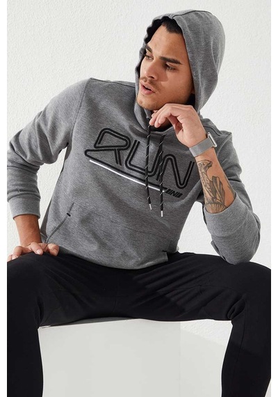 Tommy Life Gri Melanj Yazı Nakışlı Standart Kalıp Kapüşonlu Erkek Sweatshirt - 87887 GRİ MELANJ
