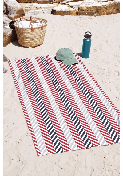 Çizgili Marine Plaj Havlusu - Modern Kırmızı Lacivert Beyaz Hızlı Kuruyan Mikrofiber Havlu Kumlu Akasya