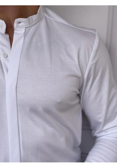 Modefendi %100 Pamuklu Slimfit Gizli Kanun Yaka Gömlek Beyaz