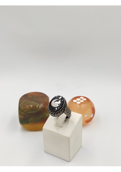 Siyah Kehribar Taşlı Hilal Bozkurt 925 Ayar 24 Mm 12,40 G. Erkek Yüzüğü Gümüş