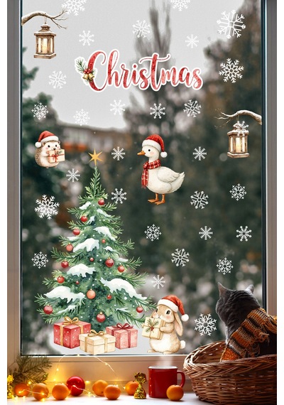 Christmas Yılbaşı Cam Sticker Seti 50 Parça Çift Taraflı Baskı, Suya Dayanıklı, Kar Tanesi Figürler Dijital Baskı