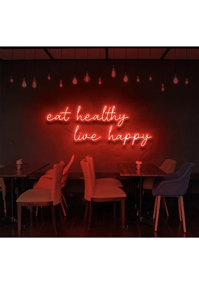 Eat Healthy Live Happy Yazılı Neon Tabela Kırmızı