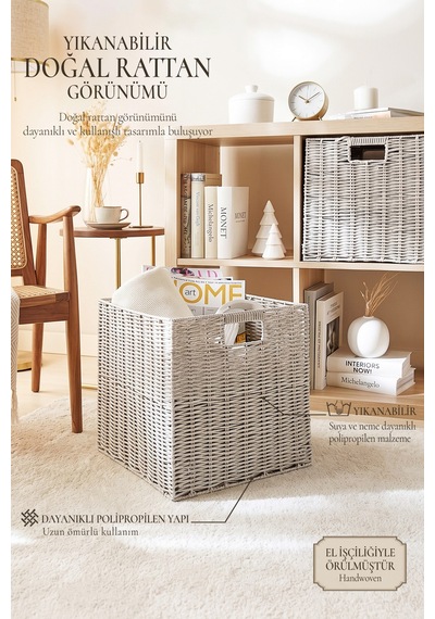 Ocean Home Textile Yıkanabilir Gri Pp Rattan Sepet 33 X 33 X 33 Cm