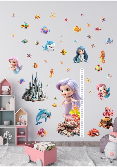 Deniz Kızı Temalı Boy Ölçerli Duvar Sticker Seti - Mat, Sökülebilir, Çocuk Odası Dekoru 01