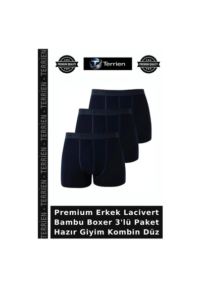 Terrien Premium Erkek Lacivert Bambu Boxer 3'lü Paket Hazır Giyim Kombin Düz