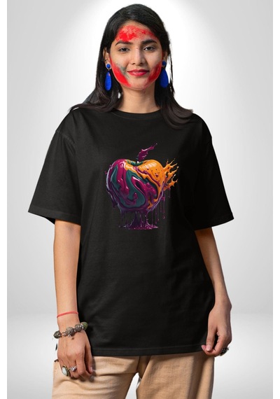 Yağlı Boya Elma Pamuklu Bisiklet Yaka Unisex Oversize Boyfriend Dijital Baskılı Siyah T-shirt Siyah