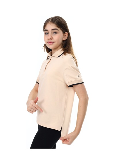Toontoy Kids Toontoy Kız Çocuk Baskılı Polo Yaka Çıtçıtlı Kısa Kollu Tişört - Yırtmaçlı Bej
