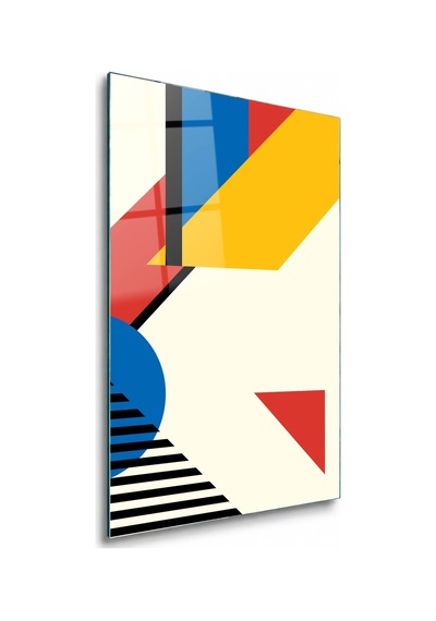 Mavi Daireli Bauhaus Kompozisyonu Çerçevesiz Cam Tablo