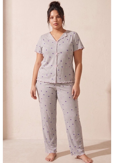 Siyah İnci Beden Fitilli Kaşkorse Örme Pijama Takım26120851 Gri
