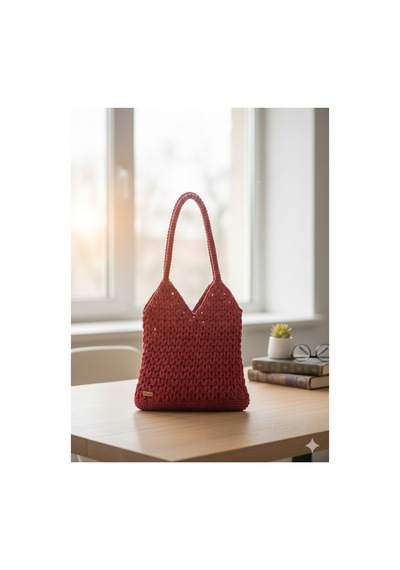 Execanta Omuz Çanta Kağıt İp Örme Kiremit Kırmızı 30x41x25 Kiremit