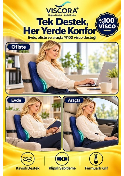 Araba Sırt Minderi Ofis Koltuk Sırt Minderi Ergonomik %100 Visco Klipsli Destek Yastığı, Lacivert