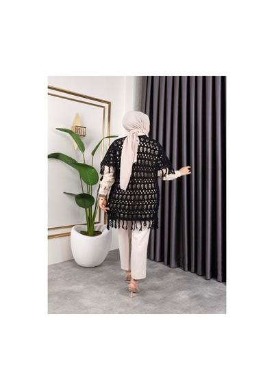 Hira Life Fashion Kadın Mevsimlik Saçaklı Ve Ajurlu Pamuk Triko Hırka Siyah Siyah