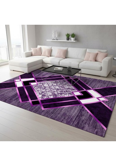 Siyah Lila Modern Geometrik Desenli Dijital Baskılı Halı Kaymaz Tabanlı, Üçgen Ve Elmas Formlu Şık mor