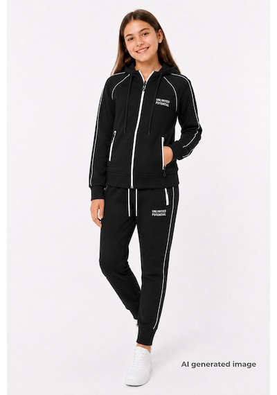 Pina Kids Kız Çocuk Scuba Unlimited Çift Şeritli Kapüşonlu Reglan Kol Dalgıç Kumaş Eşofman Takımı Esf7023 siyah