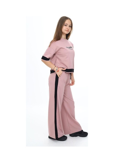 Kız Çocuk %100 Pamuk Oversize Yarım Kol Alt-üst Eşofman Takım-eşt-0017 Pudra