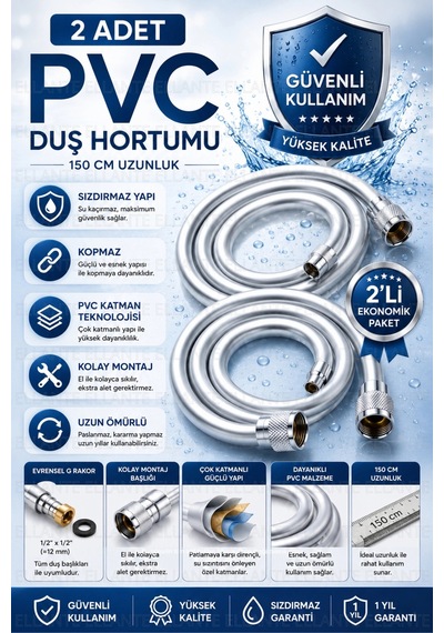 Gri Paslanmaz Kopmaz Patlamaz Kaliteli Pvc Duş Hortumu Tüm Duş Setleri Ileuyumlu - 150cm 2 Adet Çok Renkli