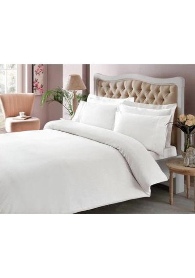 Taç Çift Kişilik Premium Basic Stripe Saten Nevresim Takımı Beyaz