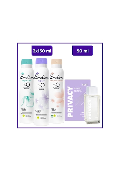 Privacy Limited Edition Woman Edt 50 Ml & Emotion Aqua Kiss, Violet, Natural Bloom 3x150 Ml Ferah