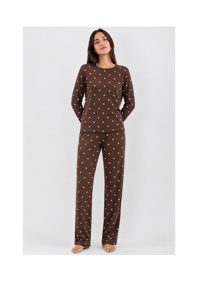 Feg Store Pamuk Kahverengi Uzun Kollu Minik Kalp Detaylı Kadın Pijama Takımı