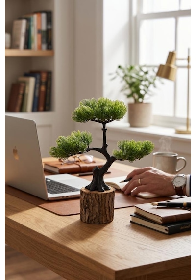 Yapay Çiçek Bonsai Ağacı Kütük Saksıda 3katlı Dekoratif Yapay Ağaç Bonzai 30 25cm Yeşil