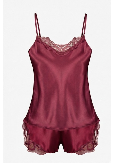 Bordo Dantel Detaylı İp Askılı Saten Şort Pijama Takım
