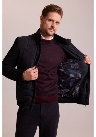 Ysf Erkek Siyah Slim Fit Kolu Trikolu Mont