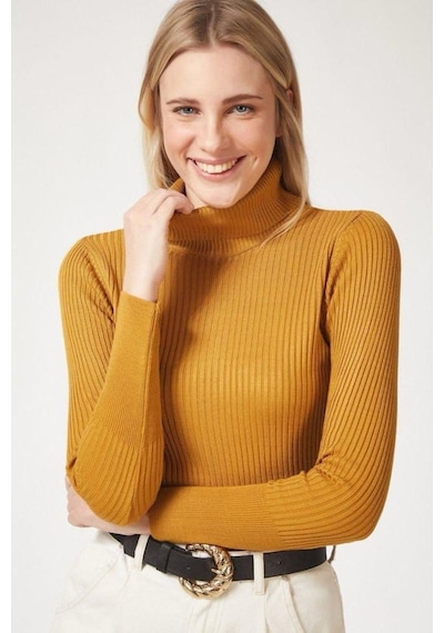 Onno Style Women Fitilli Balıkcı Yaka Basic Kazak Turuncu