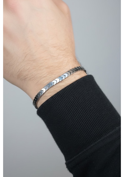 Valmont Accessories Hematit Taşlı Asansörlü Ayarlanabilir Gümüş Erkek Bileklik Modern Minimal Tasarım