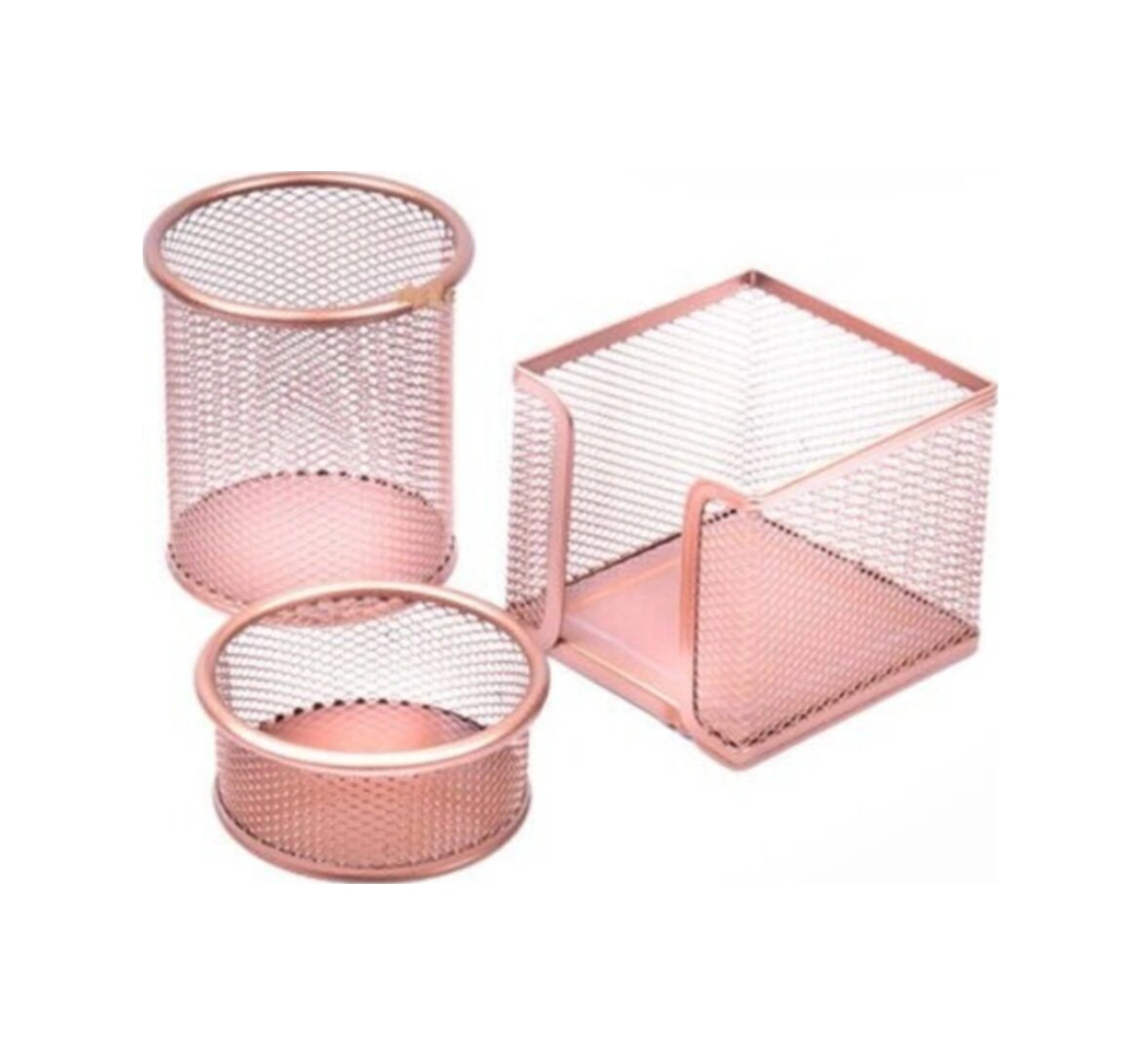 Rose Gold Perfore A Üstü Metal Üçlü Set Kalemlik Ataşlık Küp Blok Desk Organizer