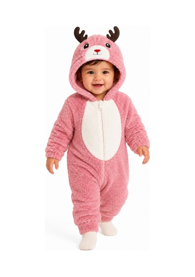 Tatlı Geyik Desenli Welsoft Bebek Tulumu Kapüşonlu Peluş Fermuarlı Kışlık Unisex Bebek Tulumu Gül Kurusu