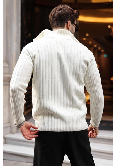 Madmext Kemik Rengi Çift Fermuarlı Slim Fit Çizgili Erkek Triko Hırka E7522