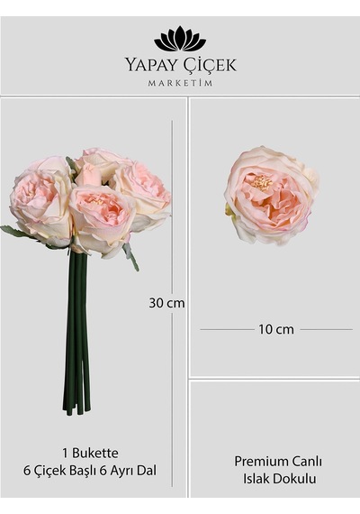 Somon Yapay Lüx Gül Buketi 6 Dallı Premium Canlı Islak Dokulu 30 Cm