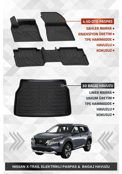 Sahler Nissan X-trail Elektrikli 2022+ 7 Koltuklu Uyumlu Premium Havuzlu Oto Paspas Ve Liner Bagaj H