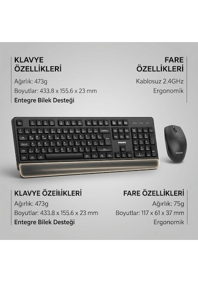 Philips SPT6347 Kablosuz Türkçe Q Klavye ve Mouse Seti