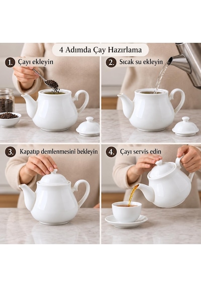 Lexroo Porselen Demlik 650 Ml, Beyaz Kapaklı Çay Demliği, Oval Kulplu Ve Uzun Dökme Ağızlı