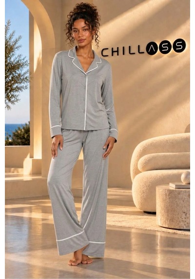 Chıllass Kadın Pamuklu Uzun Kollu Pijama Takımı Önden Düğmeli Gri Gri