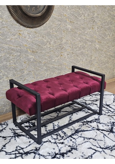 Zafir Siyah Boyalı Metal 80 Cm Puf Bench - Antre Puf - Hol Bench - Puf - Oturak - Bench Bordo