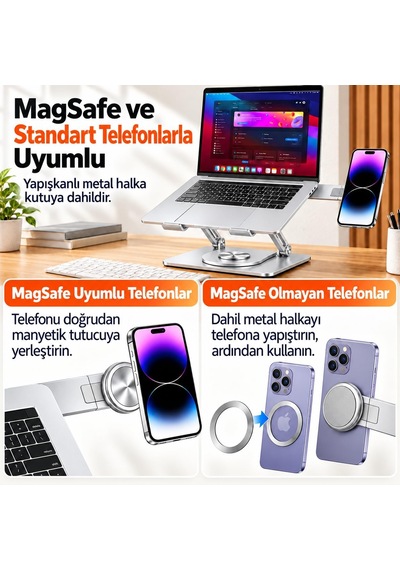 2'si 1 Arada Laptop Standı, Karbon Çelik 360 Döner Yükseklik Ayarlı, Gizlenebilir Magsafe Uyumlu Telefon Tutuculu Notebook Standı, Macbook Uyumlu, 17.3 İnçe Kadar Gümüş