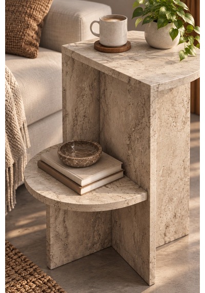 Sulorahome Ekru Traverten Desenli Raflı Yan Sehpa 53x35 Cm