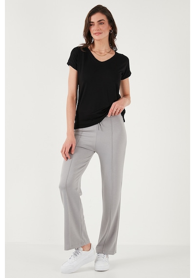 Lela Streç Slim Fit Yüksek Bel Geniş Paça Çimalı Bayan Eşofman Altı 5866078 Gri