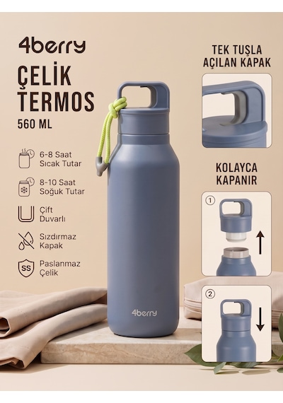 Çelik Termos 560 Ml Paslanmaz Çelik Çift Duvarlı Sızdırmaz Kapaklı Askılı Taşınabilir Sıcak Soğuk Termos - Mavi Lacivert