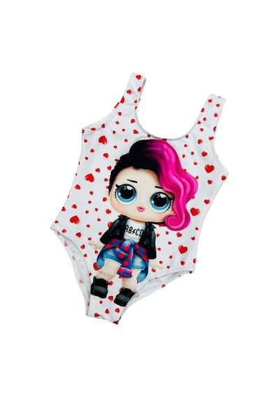 Lolliboomkids Kız Çocuk Punk Lol Rocker Boi Mor Saçlı Karakter Desen Beyaz Üzeri Kalp Desen Mayo Beyaz - Pembe