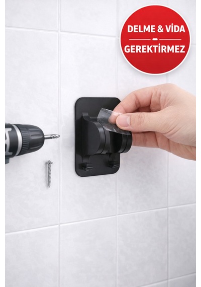 Yapışkanlı Duş Başlığı Tutucu Ayarlı Delmeden Duvara Monte Siyah Duş Askısı Siyah Diğer