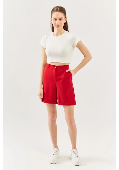 Butikgiz Kadın Kısa Kol Bisiklet Yaka Vücuda Oturan %100 Pamuklu Kaşkorse Esnek Crop Bluz Beyaz