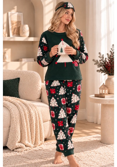 Free Beka Yılbaşı Desenli Kalın Sıcak Tutan Kumaş Kadın Pijama Takımı Ve Göz Bnadı Yeşil